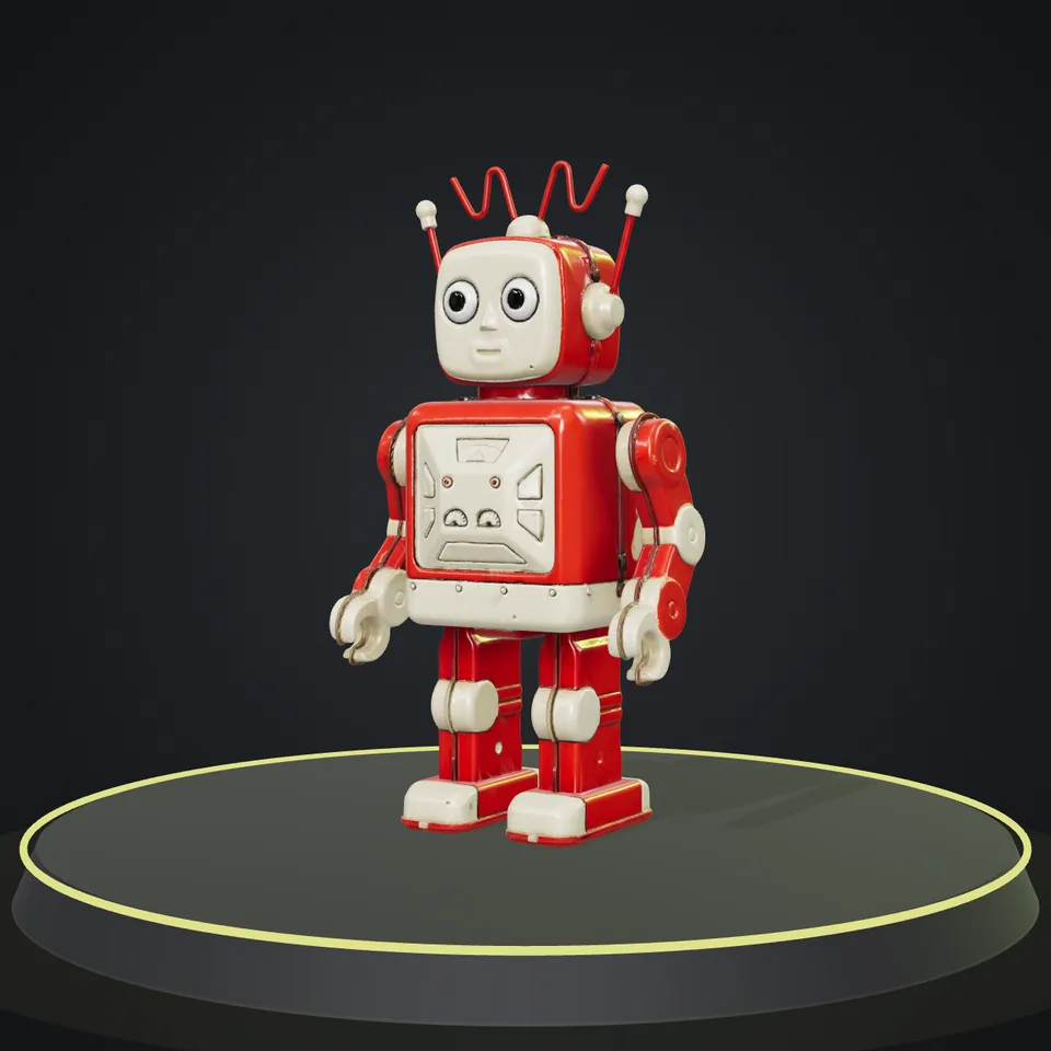 A red toy robot 3D model made by Tripo H3.1 from one photo, standing on a turntable