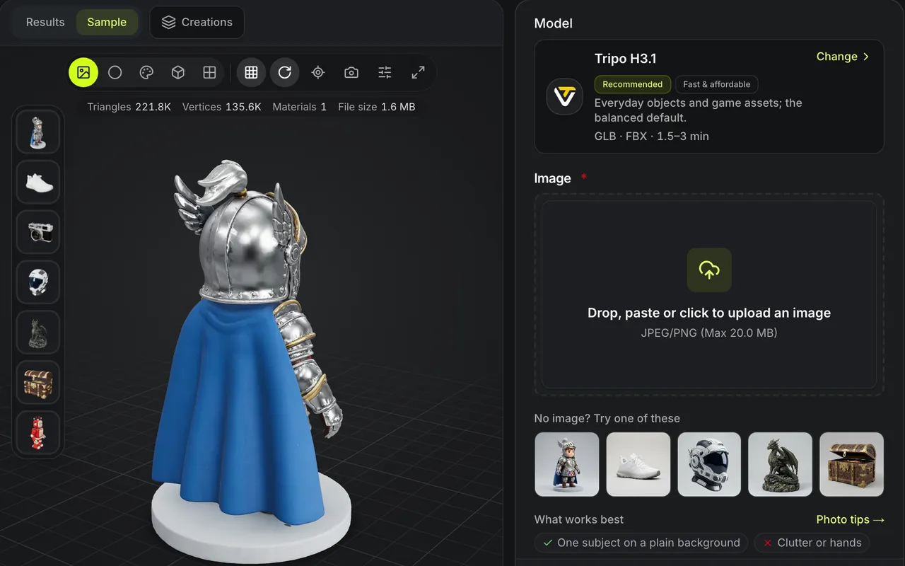 A sample knight picked as the input picture, then generated by Tripo H3.1